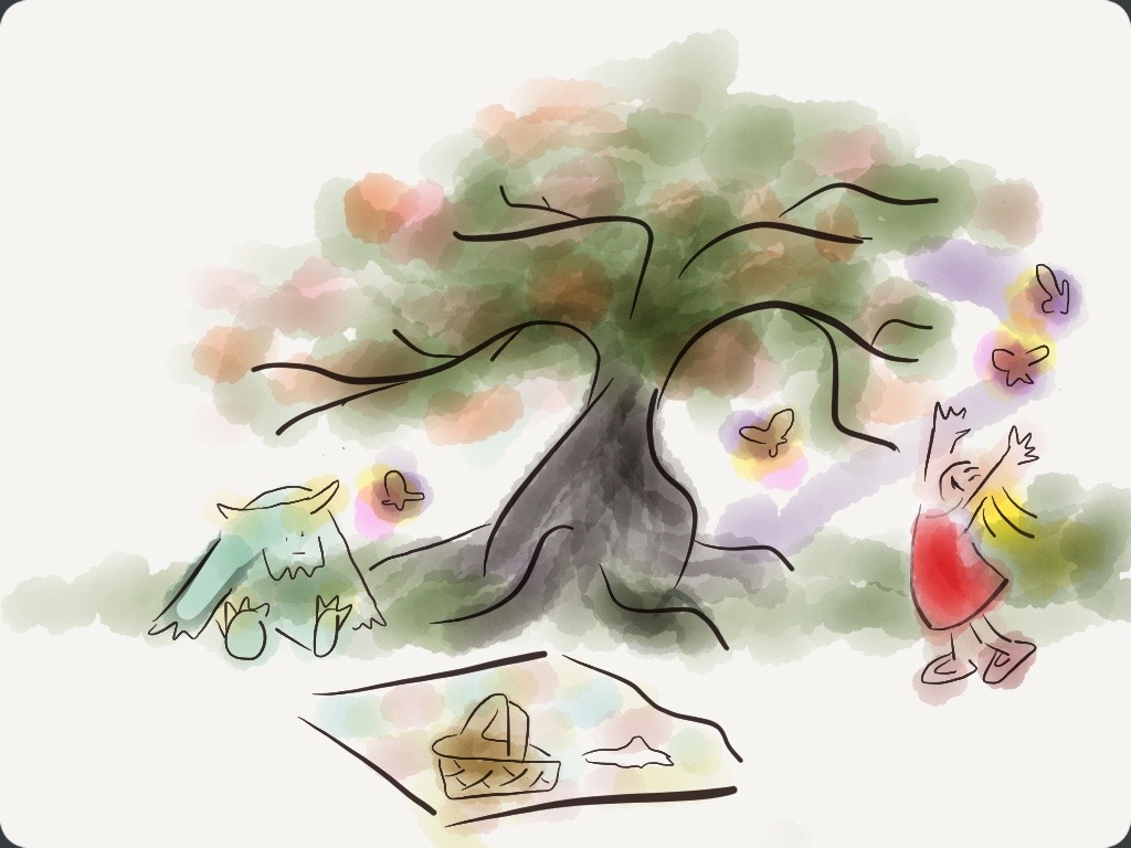 girl having picnic with a blue friendly monster under a tree